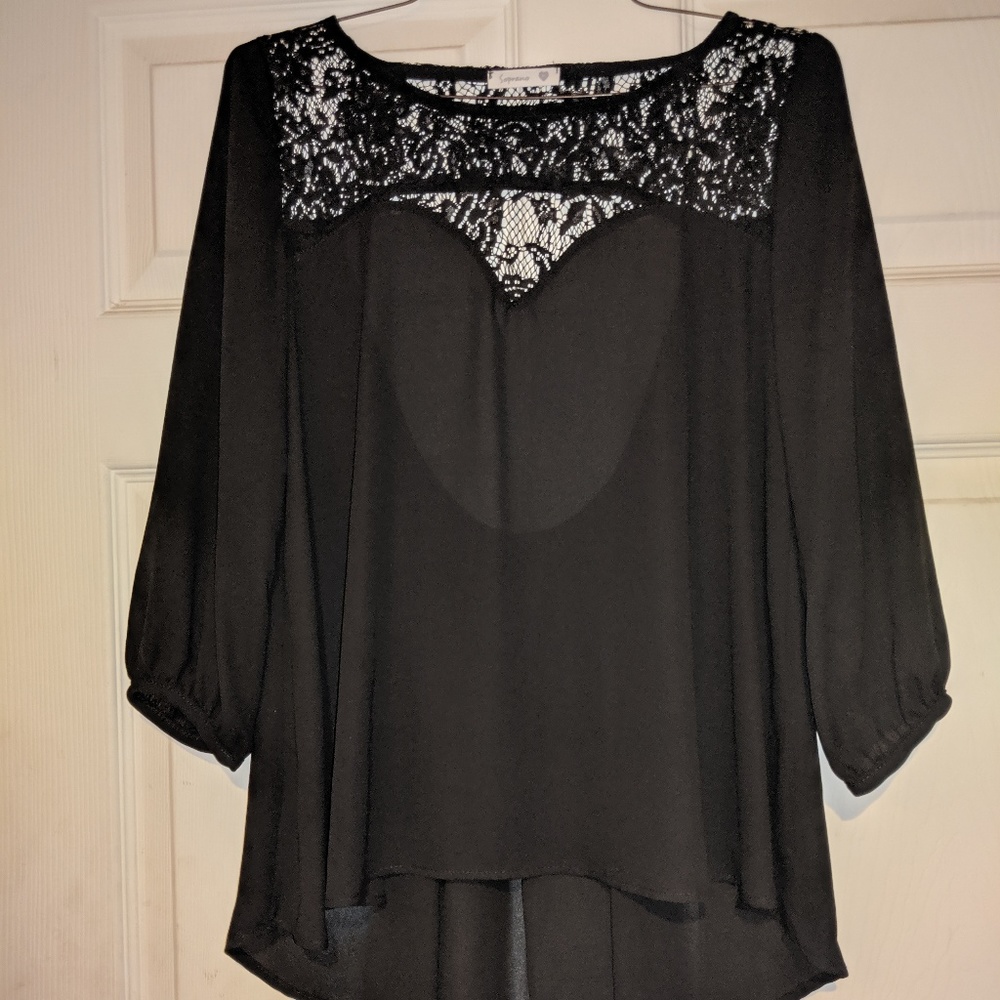 Sheer Blouse with Lace Detail and Low Back